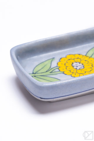 Blue Pottery Rectangle Dish Yellow Flowers