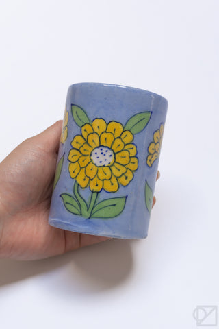Blue Pottery Tumbler Yellow Flowers