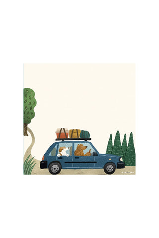 Memo pad page with illustration of animals driving a blue car with luggage on top, driving through a scenic route with trees and a road.
