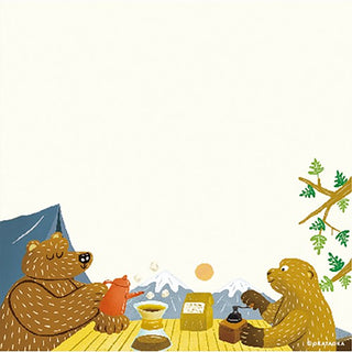 Memo pad page of illustration of animals having coffee with mountains in the background