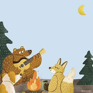 Illustration of a bear playing guitar for a fox and dog by a campfire with trees and a moon in the background.