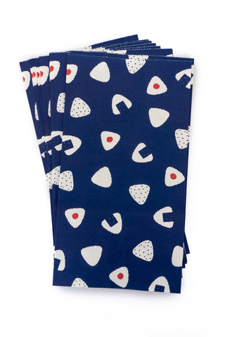 Set of blue paper bags with white onigiri pattern on a white background