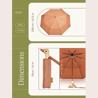 Mocha color umbrella with wooden duck head handle with dimensions and weight listed