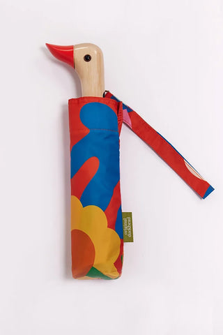 Compact duck-handle umbrella with colorful abstract fabric cover