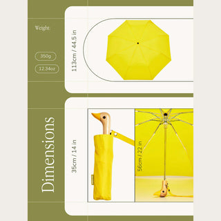 Yellow umbrella with dimensions and weight information on a green and white background