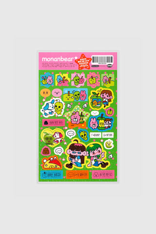 Sheet of colorful stickers with cartoon characters on a green background