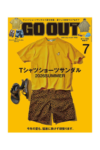 A bright yellow magazine-style cover featuring a yellow T-shirt, leopard-print shorts, and sandals, with large 'GO OUT.' branding and Japanese text.