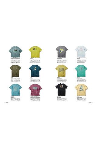 A magazine page showing short-sleeve graphic T-shirts arranged in a grid, Japanese text description