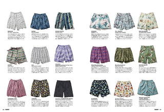 A magazine spread displaying multiple pairs of men's shorts in various patterns and colors, arranged in a grid with Japanese text and descriptions 
