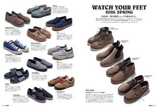 Collection of shoes displayed in a magazine layout with text and branding.