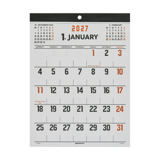 A single-page hanging calendar for January 2027 with orange and black text shown against a plain white background.