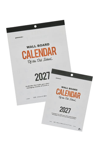 Two wall calendar packages for 2027, one larger and one smaller, shown on a plain white background. The packaging features a white design with black text and orange lettering that reads 'WALL BOARD CALENDAR Of the Old School 2027'.