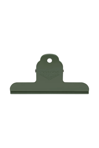 A single dark olive green metal binder clip with a hanging loop, shown against a plain white background.