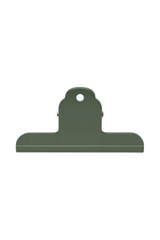 A single dark olive green metal clipboard clip with a hanging hole, shown against a plain white background.