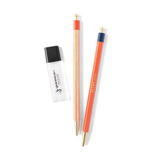 Two pencils, one wooden and one orange, and a sharpener on a white background