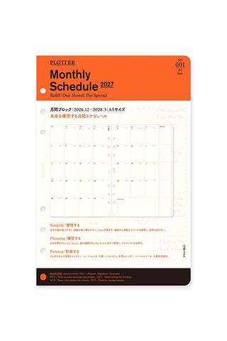 PLOTTER Monthly Schedule 2027 Refill One Month Per Spread planner insert, featuring an orange header, white grid layout, and dark brown footer with Japanese text.