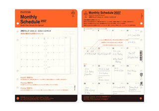 Two views of a PLOTTER Monthly Schedule 2027 planner insert, showing the front cover with a monthly calendar grid and the back cover with a weekly schedule layout, both featuring orange, white, and dark brown sections with handwritten notes.