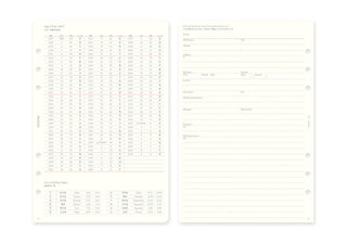 Two cream-colored planner inserts with Japanese text, one featuring a dense data table and the other featuring lined fields for writing.