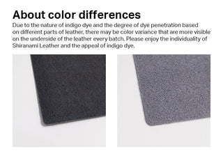 Text explaining color variance in indigo-dyed leather with two samples shown.