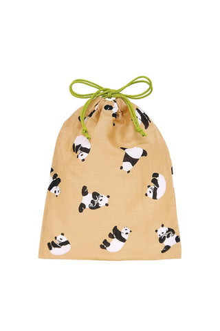 Drawstring bag with panda pattern on a beige background
