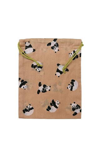 Drawstring bag with panda pattern on a beige background