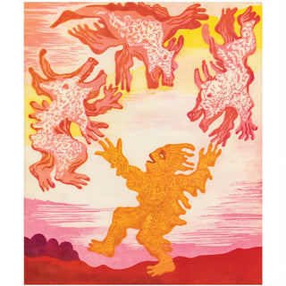 Artistic depiction of winged creatures in orange, pink, and red on a gradient background