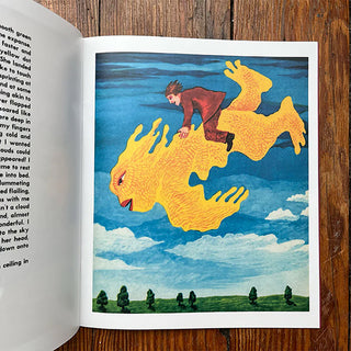 Illustrated book page with a child riding a creature against a blue sky.