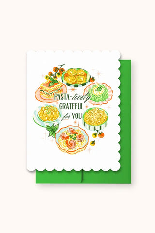 A greeting card with illustrations of pasta dishes and the text 'Pasta-lively GRATEFUL for YOU', shown with a bright green envelope