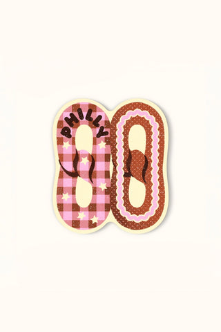 Vinyl waterproof sticker shaped like a pretzel with "Philly" and number 90