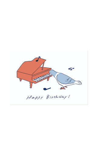 Illustration of a pigeon playing a piano with 'Happy Birthday!' text on a white background