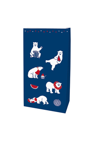 Navy blue bag with white polar bears doing various activities on a white background