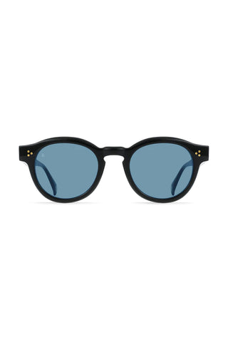 RAEN round sunglasses, black frame with blue mirrored lenses and gold detail studs