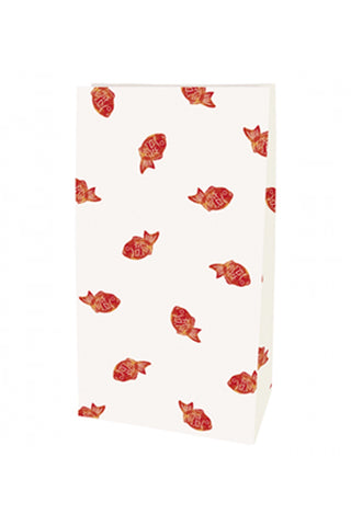 White paper bag with red fish pattern on a white background