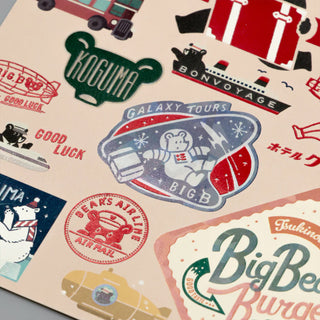 Collection of vintage-style bear designs with various text on a beige background.
