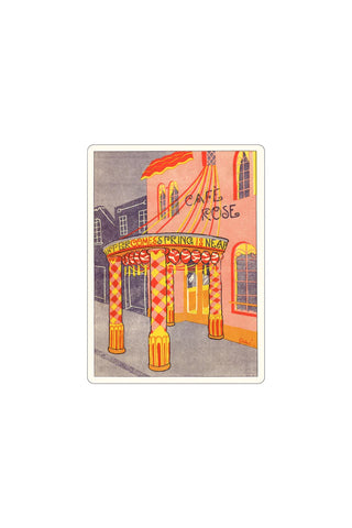 Sticker illustration of a cafe entrance with a colorful buildling on a white background