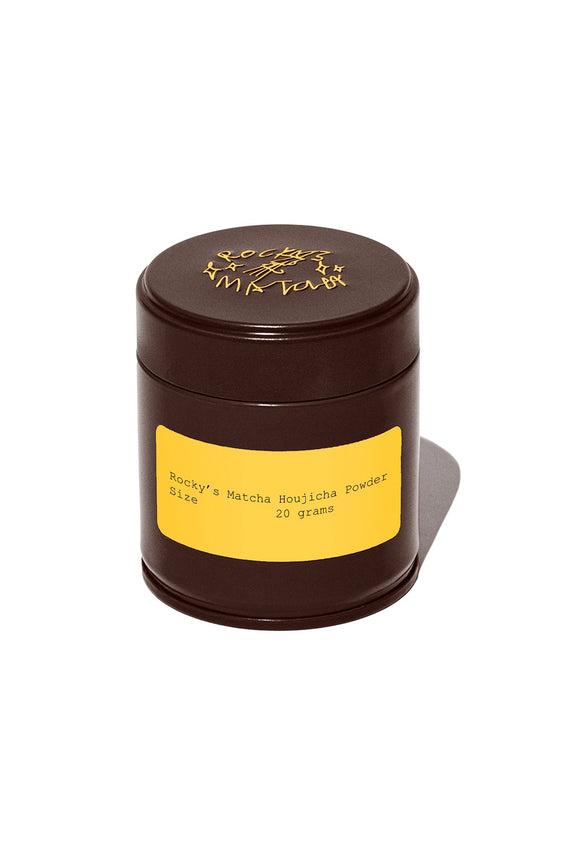 Brown container with yellow label and rocky's matcha branding on a white background