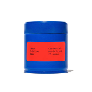 A blue tin with a bright red label reading 'Ceremonial Osada Blend 20 grams' on a white background.