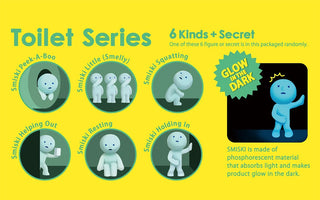 SMISKI Toilet Series blind box panel showing 6 figurine poses and glow-in-dark icon