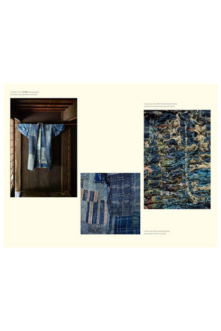Book page with images of denim fabric and patterns.