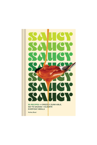 Book cover with Saucy text and a spoonful of sauce on a white background