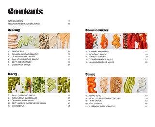 Table of contents with images of sauces and dressings on a white background