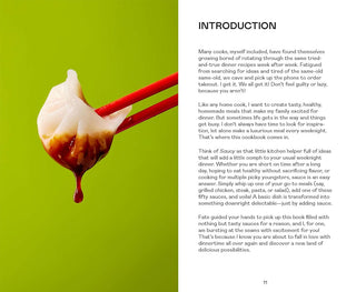 Book page with chopsticks holding a dumpling in sauce on a green background, text on the right side.
