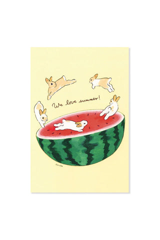 Illustration of bunnies around a watermelon with 'We love summer!' text on a yellow background