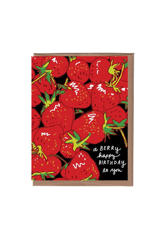 birthday card with strawberry illustrations with white text reading 'a BERRY happy BIRTHDAY to you'.