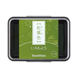 Shachihata brand ink pad in a rectangular container with a green label with Japanese text