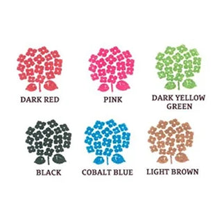Six flower-shaped stamps to show color options arranged in two rows on a white background, labeled Dark Red, Pink, Dark Yellow Green, Black, Cobalt Blue, and Light Brown.