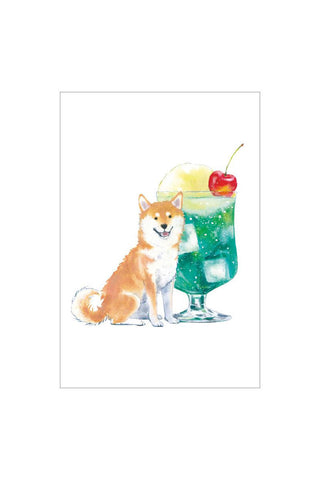 Illustration of a dog sitting next to a colorful melon float with a cherry on top.