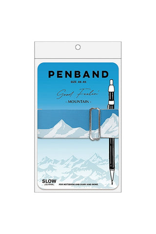Penband packaging with mountain design and pen illustration on a white background