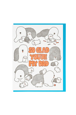 Card with cartoon dogs and 'So Glad You're My Dad' text on a white background