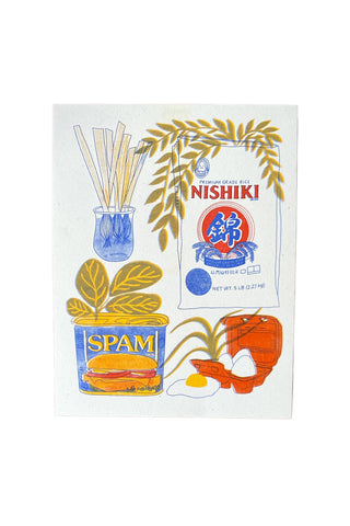 Risograph print with illustrations of Spam, Nishiki rice package, and other elements on a white background
